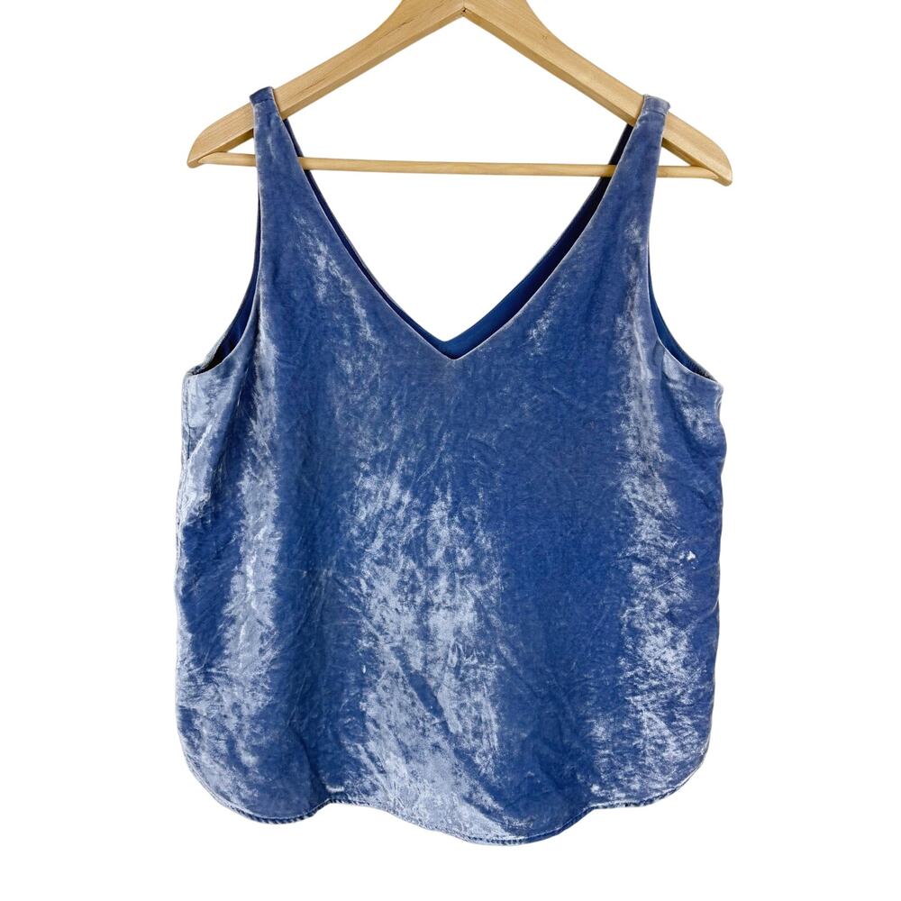 Loft Crushed Velvet V-Neck Tank Top Blue Womens Size S Lined Blouse Travel Retro